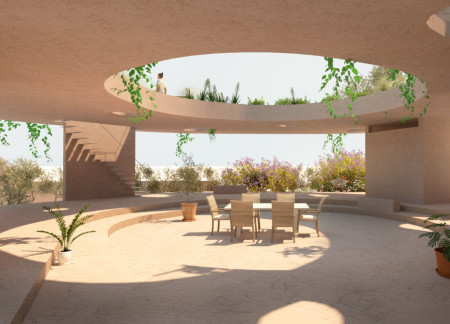 Circular Concrete Canopy Blending Subterranean Cellar and Rooftop Garden for Community Engagement