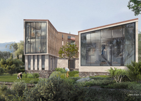 Limestone and Pine Oak Harmony in a Nature-Integrated Guest House