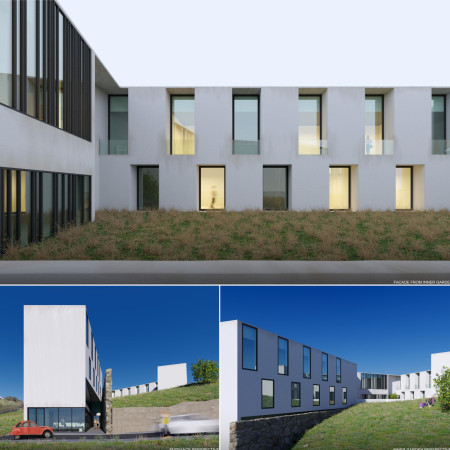 Vertical Garden Integration with Glass Facade and Natural Materials for Community Living