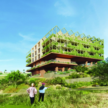 Natural Ventilation and Green Walls Enhance Community Living in Pigmented Concrete Structure
