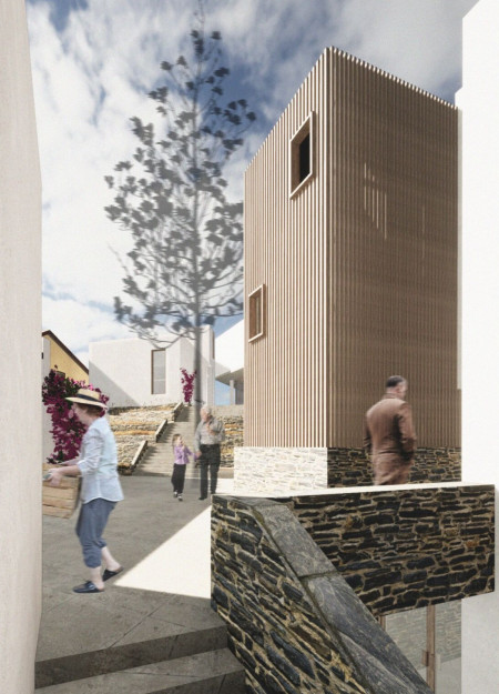 Charred Wooden Shingles and Earthwork Design in a Communal Living Space