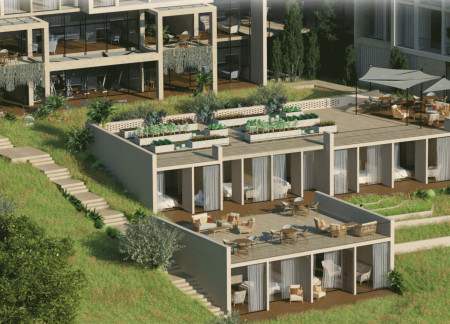 Moleanos Limestone Facade Complemented by Organic Landscaping for a Residential Community