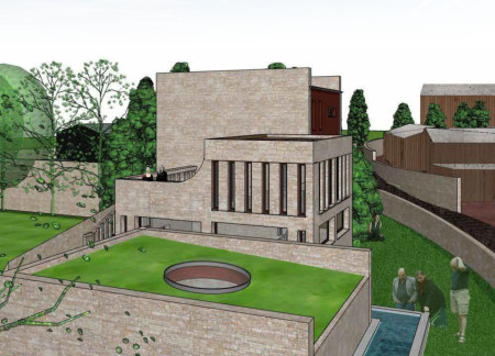 Natural Stone Facade and Water Features Create a Tranquil Retreat in Sustainable Building Design