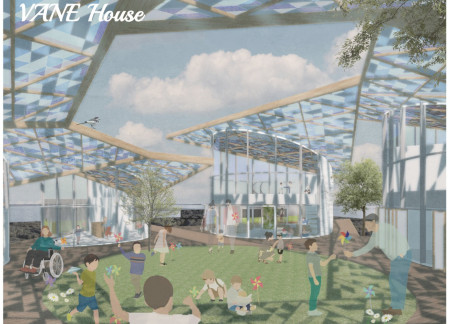 Triangular Blue-Tinted Glass Roof and Timber Integration for Community Engagement