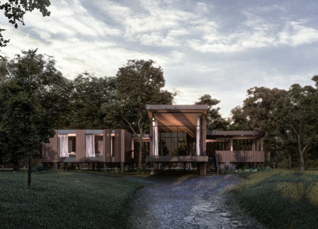 Elevated Timber Structure Featuring Expansive Glazing and Sustainable Design in a Forest Setting