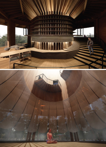 Heaven Hole Yoga Space Crafted from Natural Timber and Corrugated Steel Within a Canopied Retreat