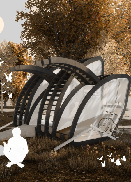 Sustainable Community Hub Featuring Glulam Arches and Charred Wooden Shingles