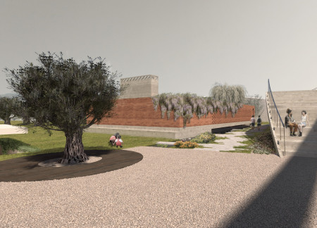 Rammed Earth Structure Surrounded by Olive Groves with Natural Light Emphasizing Agricultural Heritage