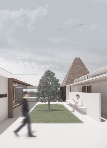 Chimney-Centered Gathering Space Using Reinforced Concrete and Natural Brick Elements