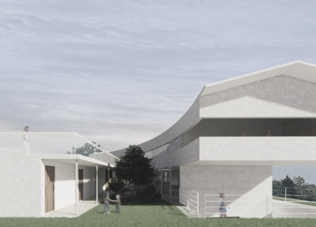 Curvilinear Form and Natural Light Enhanced by Textured Concrete and Wood Accents in Sustainable Guest House Design