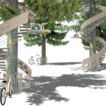 Spiral Walkway Embracing Trees with Steel Structure and Sustainable Timber for Outdoor Reading Spaces