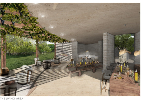 Radial Courtyard Featuring Locally Sourced Limestone and Natural Wood Elements for Communal Living