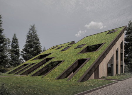 Charred Wooden Shingles and Green Roofs in a Triangular Wellness Retreat