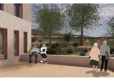 Natural Light Spaces Created with Corten Steel and Limestone for Senior Living