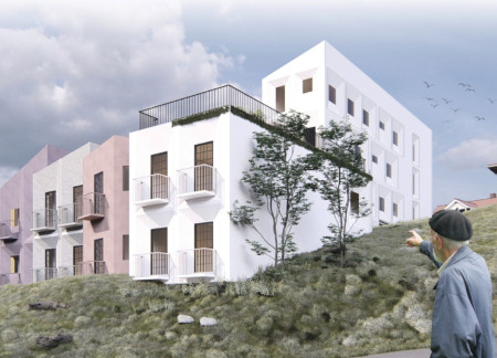 Cascading Terraces with Textured Stucco and Natural Light for Elderly Living