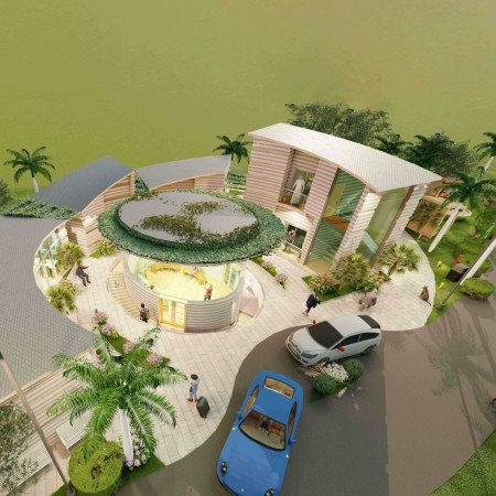 Circular Structure Utilizing Charred Timber and Natural Stone for Sustainable Guest Accommodations