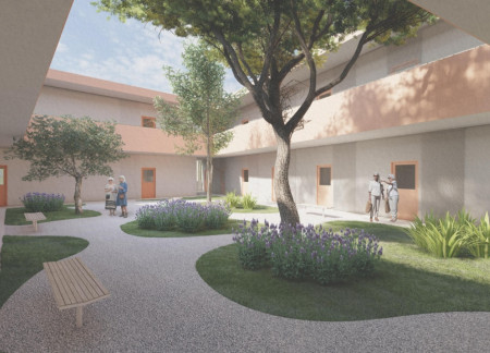 Curved Chapel with Metal Mesh Facade in Sustainable Elderly Co-Living Space