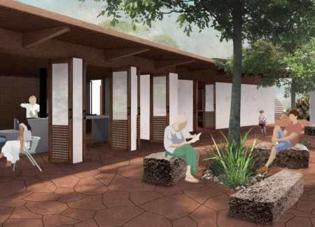 Rammed Earth Retreat Featuring Communal Patios and Natural Stone Accents