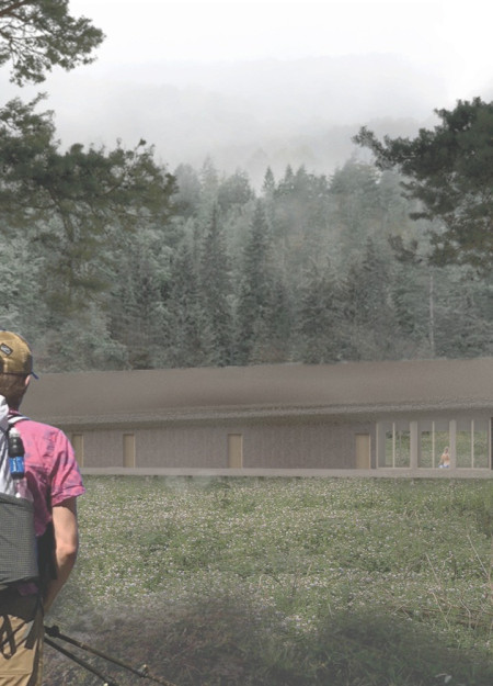 Thatched Roof Structure Integrating Fiber Cement and Natural Wood in a Forest Setting