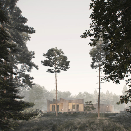 Repurposed Wood Cabins Merging Modular Living with Forest Integration