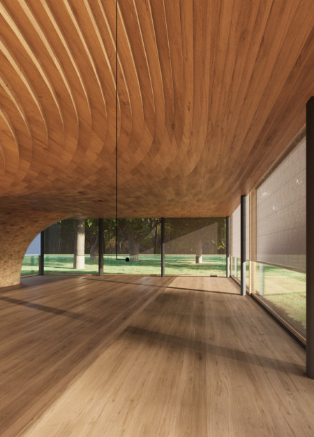 Charred Wood Shingles and Glulam Structure Enhancing Community Connection in a Natural Setting