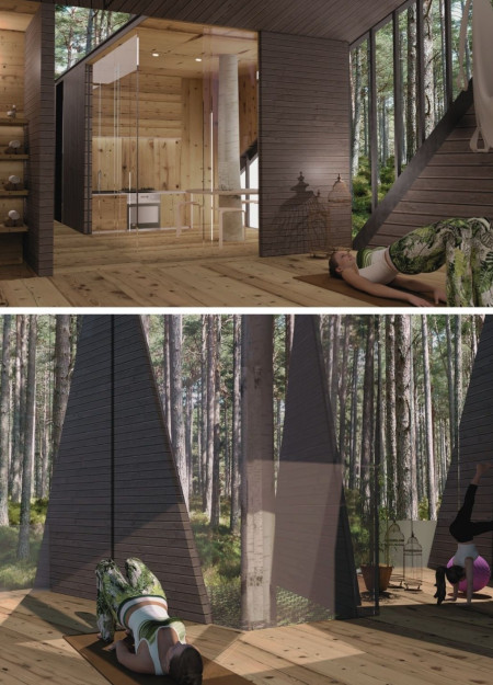 Elevated Sanctuary with Charred Shingles and Cross-Laminated Timber Panels