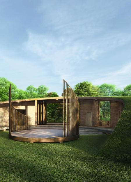 Charred Wooden Shingles and Plywood Structures in a Circular Yoga Retreat