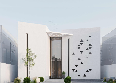 Triangular Canopy and Limestone Facade in a Family-Centered Residence