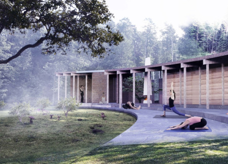 Curvilinear Pavilion Crafted with Locally-Sourced Stone and Natural Wood Elements for Wellness Retreats