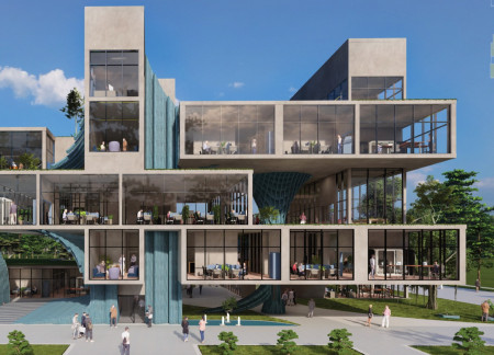 Charred Wooden Shingles and Glass Facades Form a Sustainable Workspace Integrated with Nature