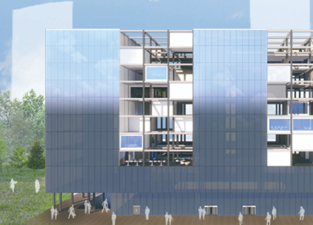 Charred Wooden Shingles and Glass Facades in a Flexible Workspace Solution