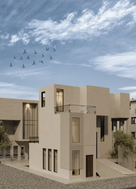 Branching Form with Perforated Metal Screens and Natural Stone for Family Living