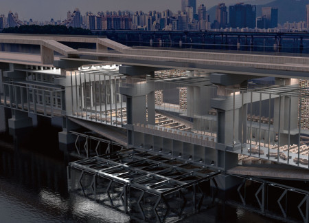 Piers of Reinforced Concrete and Glass Overlooking the Han River Serve as Flexible Office Spaces