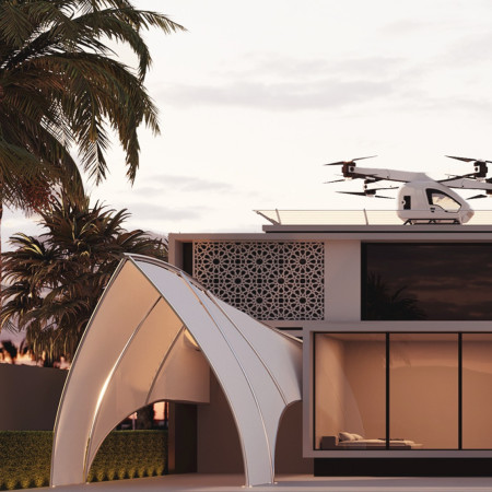 Drone Taxi Pad and Arabic Tents Enhance Sustainable Living in Contemporary Villa