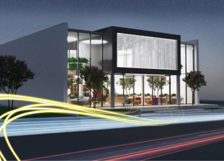 Charred Wooden Shingles and Curved Steel Structure in a Biophilic Workspace