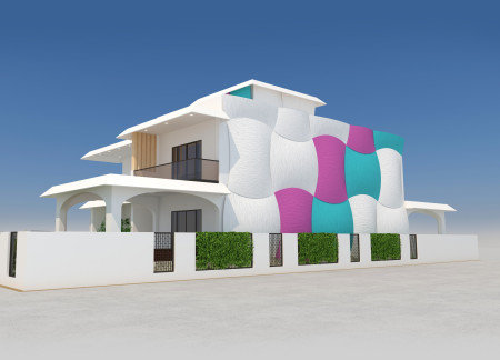 Colorful Metal Cladding and Sustainable Palm Landscaping in a Contemporary Emirati Residence