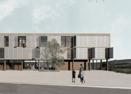 Perforated Screen Facade with Textured Concrete and Timber Cladding for Residential Community Spaces