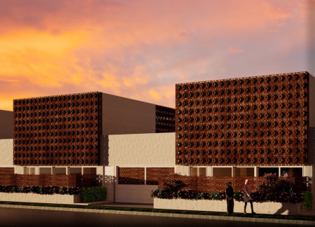 Central Interior Garden Enhanced by Clay Facade and Natural Light Integration