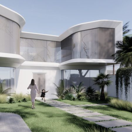 Bamboo-Laminated Living with Plam Panels and Courtyard Integration