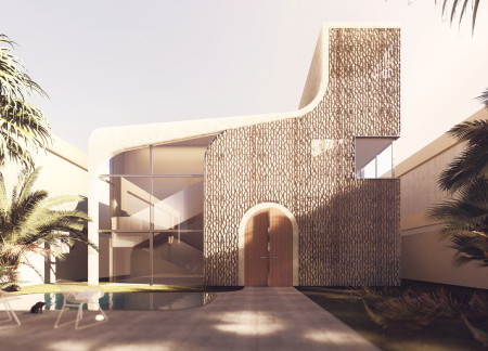 Coral Stone Facade with Flexible Spatial Arrangement in a Modern Residential Context