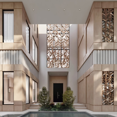Geometric Lattice Facade of Red Clay Bricks and Natural Ventilation in a Modern Emirati Home