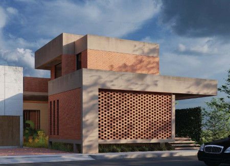 Central Courtyard with Brick Fa&ccedil;ade and Green Wall Systems in a Contemporary Home Design