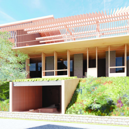 Charred Wooden Shingles and Cross-Laminated Timber in a Sustainable Community Habitat