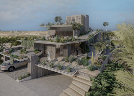 Sustainable Living Surrounded by Green Roofs and Eco-Conscious Concrete in a Multi-Level Urban Home