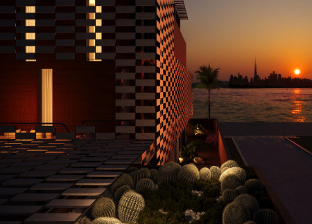 Perforated Red Brick Facade with Central Atrium and Integrated Water Features in Sustainable Residential Design