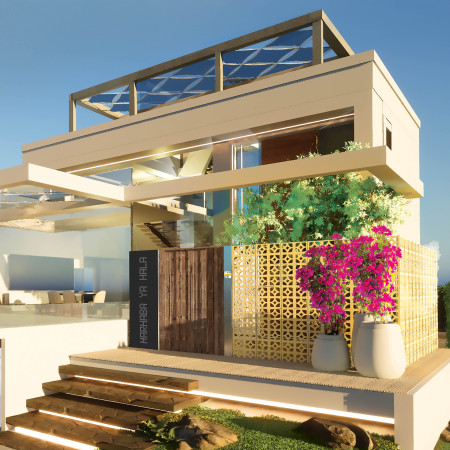 Sedar Tree-Centric Design with Modular Clay Breeze Blocks and Gabion Walls for Sustainable Living