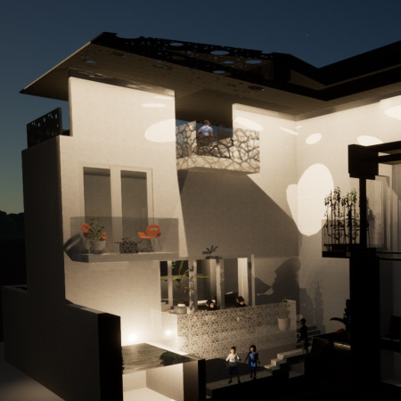 Rammed Earth Structure with Zinc Roofing and Integrated Balcony Gardens for Community Living