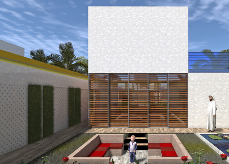 Gypsum Concrete Walls and Sliding Sunscreens Define a Sustainable Family Residence