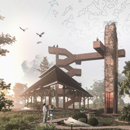 Rammed Earth Structure with Rustic Metal Accents Serving as a Community Gathering Space