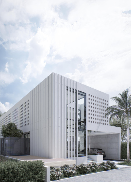 Textured Concrete Facade with Expansive Glass Openings for Contemporary Family Living